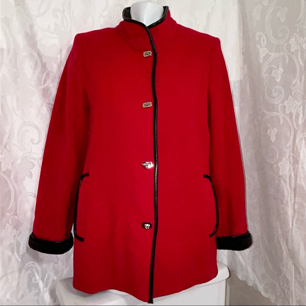 London Fog ZENA Candy Red Black Leather Trim Wool Clasp Snap Button Up Pea Coat